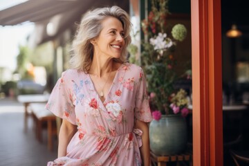 Wall Mural - Portrait of smiling mature woman in floral dress standing in outdoor cafe