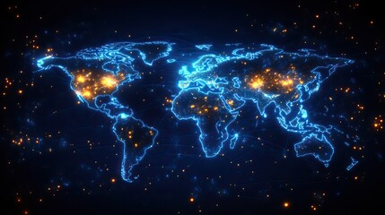Wall Mural - A global network map with glowing lines, representing worldwide internet connection and innovation. The image symbolizes technology, digital transformation, and connectivity across the globe.