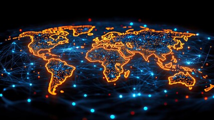Wall Mural - A global network map with glowing lines, representing worldwide internet connection and innovation. The image symbolizes technology, digital transformation, and connectivity across the globe.