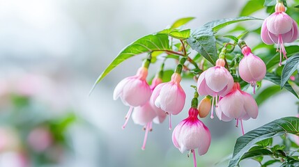 Wall Mural - Delicate pink fuchsia flowers blooming on a branch.