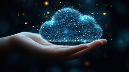 Wall Mural - A hand interacts with cloud computing and wireframe, symbolizing future technology with network communication, internet data storage, and digital transformation.