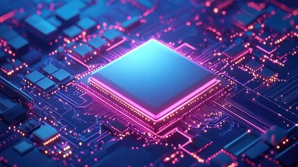 A futuristic microchip concept design with modular components and energy-efficient pathways, glowing faintly in soft blue light
