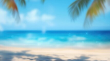 Tranquil blurred ocean background with gentle waves and palm leaves creating a serene and dreamy atmosphere for relaxation and escape.