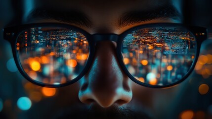 A man programmer with glasses reflects coding script, symbolizing web development, cybersecurity, and data protection for company databases.