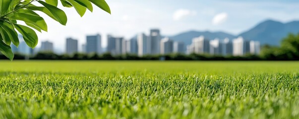 Canvas Print - Net Zero sustainability concept. Lush green grass in the foreground with a cityscape in the background under a clear sky.