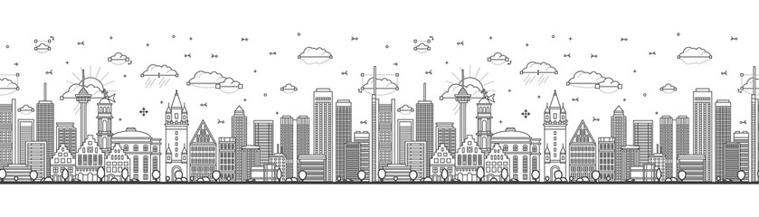Seamless pattern with Outline Frankfurt Germany City Skyline with Modern Buildings Isolated on White. Frankfurt Cityscape with Landmarks.