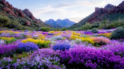 Wall Mural - Vibrant wildflowers bloom in a desert valley at sunset, mountains in background.