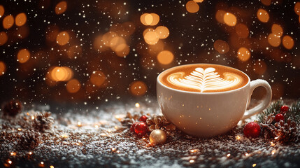 Top view of a coffee mug with festive foam art in the shape of a snowflake, symbolizing warmth, holiday spirit, and coziness. Perfect as a banner with copy space for seasonal themes or advertisements