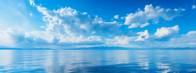 Wall Mural - sea landscape. sky over calm sea. blue sea and sunny sky on horizon over calm water