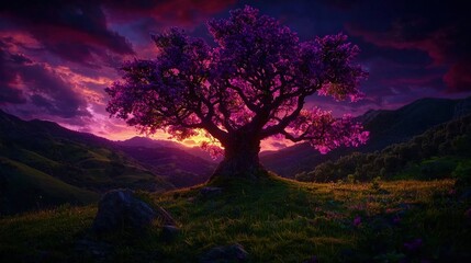 Sticker - Majestic purple tree at sunset in mountain landscape.