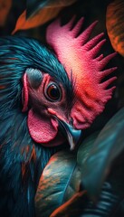 Wall Mural - A close-up of a vibrant rooster's head amidst lush foliage.