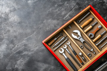 Wall Mural - Quality tools arranged neatly in a red toolbox on a modern work surface