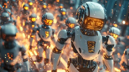 A futuristic scene showing a swarm of robots, each powered by advanced microchips communicating through glowing network pathways