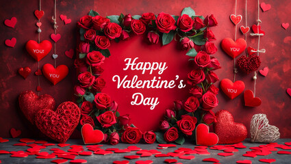 Happy Valentine Day card decoration with red roses and hearts. This elegant design features vibrant red background, perfect for expressing love and affection