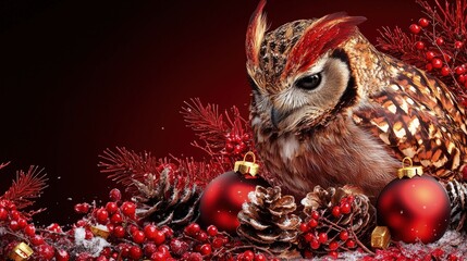 Wall Mural - Majestic owl amidst red Christmas ornaments.