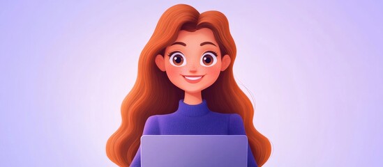 Cheerful female web designer using a laptop for coding and software development in a modern workspace with a minimalistic background