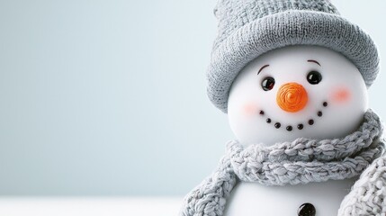 Wall Mural - Close-up of a cheerful snowman wearing a knitted hat and scarf against a light blue background.