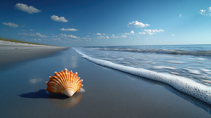 Wall Mural - Seashell on a tranquil beach with ocean waves and blue sky.