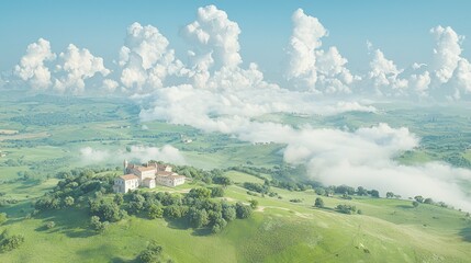 Sticker - Aerial view of a monastery on a hilltop in a misty valley.