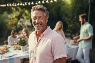 Wall Mural - Portrait of a handsome mature man smiling at the camera while having a barbecue party outdoors