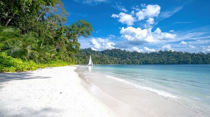 Canvas Print - Idyllic tropical beach with sailboat and lush vegetation under a vibrant blue sky.