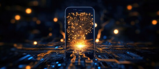 Mobile phone technology abstract concept showcasing electronics repair and upgrades with glowing circuit patterns and vibrant data streams.
