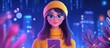 © Holo Frame - Teenage woman in yellow beanie using smartphone for online shopping amidst vibrant city lights digital marketing and shopping concept