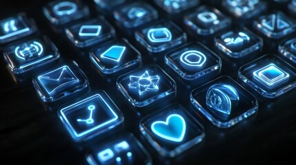 Wall Mural - glowing white tech icons connected in modern digital design