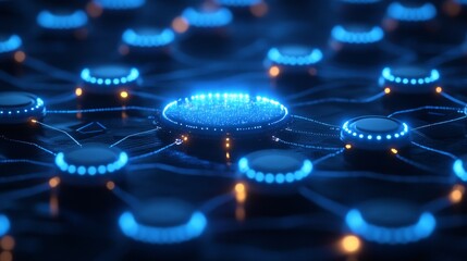 Wall Mural - glowing white tech icons connected in a network of innovation