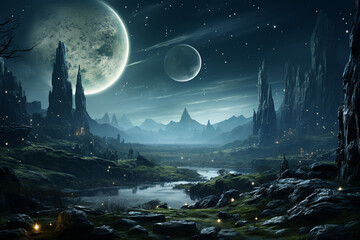 night landscape with moon with planet