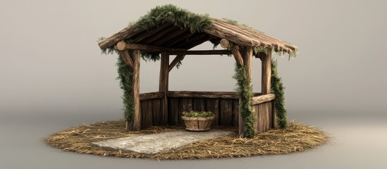 Rustic wooden manger structure adorned with greenery and hay, ideal for holiday and nativity scene decorations.