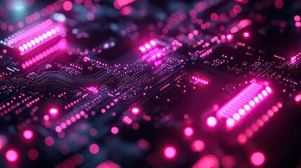 Abstract background and circuit motherboard or current with bokeh futuristic technology. Patterns, hardware and connectivity with electric lights for programming, software wallpaper or digital.