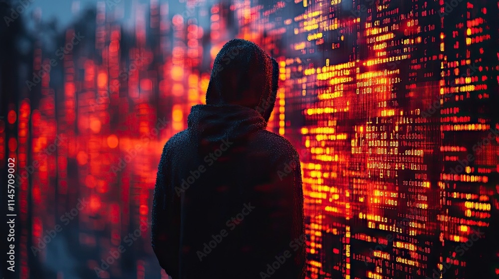 Abstract code at night with a hacker reading programming language ...