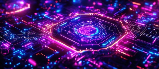Colorful abstract digital technology background showcasing vibrant circuitry and advanced software applications on a virtual screen.