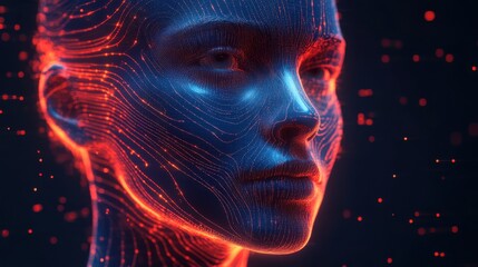 Female avatar, facial frame surrounded by lighting, artificial intelligence concept