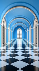 Wall Mural - a spacious hallway featuring blue walls and a striking black-and-white checkered floor, illuminated 