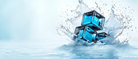 Wall Mural - abstract blue cubes splash into water, creating dynamic waves and ripples, conveying a sense of moti