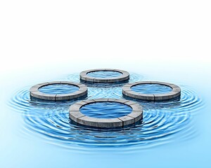 Wall Mural - four circular stone platforms float on a calm, rippling blue surface, creating a serene and balanced