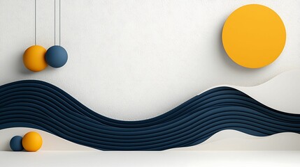 Wall Mural - a minimalist design featuring a wavy line, colorful spheres, and a large circle against a textured w