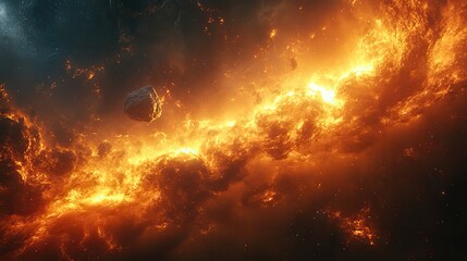 Wall Mural - an abstract universe with a fiery asteroid traveling through space, depicting a potential threat to 