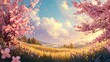 © Holo Frame - Vibrant pink apple blossoms in a serene meadow landscape under a colorful sky with gentle clouds and a picturesque view