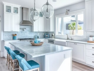 Bright White Kitchen Island with Teal Stools and Marble Countertop