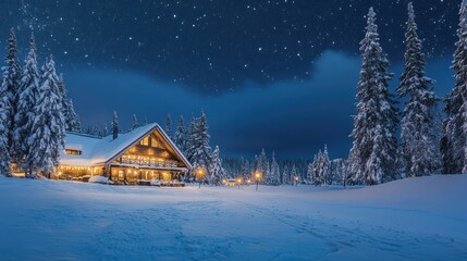 Wall Mural - Enchanted Winter Lodge Under the Starry Night