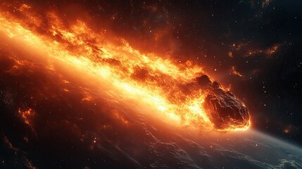 Wall Mural - an asteroid burns through the universe, a fiery object traveling towards earth, depicting a potentia