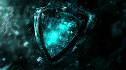 Wall Mural - A futuristic, teal, glowing shield, seemingly made of cracked ice or crystal, protects against digital threats in a dark, stormy cyberspace.