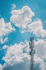 connectivity and technology concept, A cell tower stands against the blue sky with white clouds