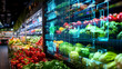 © Aditya - A vibrant supermarket produce section with fresh vegetables and a futuristic digital overlay showcasing inventory management and technological integration in modern grocery shopping.
