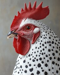 Wall Mural - A detailed portrait of a speckled chicken highlighting its features and colors.