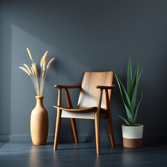 Wall Mural - Serene Mid-Century Modern Interior: A stylish wooden armchair takes center stage in a minimalist room, complemented by dried pampas grass and an aloe vera plant, bathed in the soft glow of sunlight.