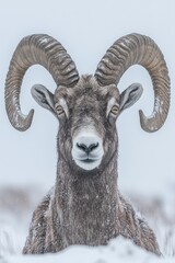 Wall Mural - A close-up of a majestic ram with large, curled horns in a snowy landscape.